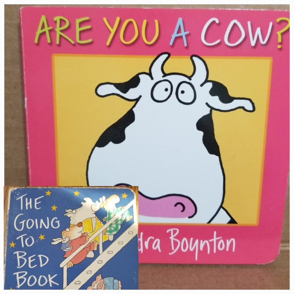 2 Sandra Boynton board books, ARE YOU A COW? and bonus THE GOING TO BED BOOK